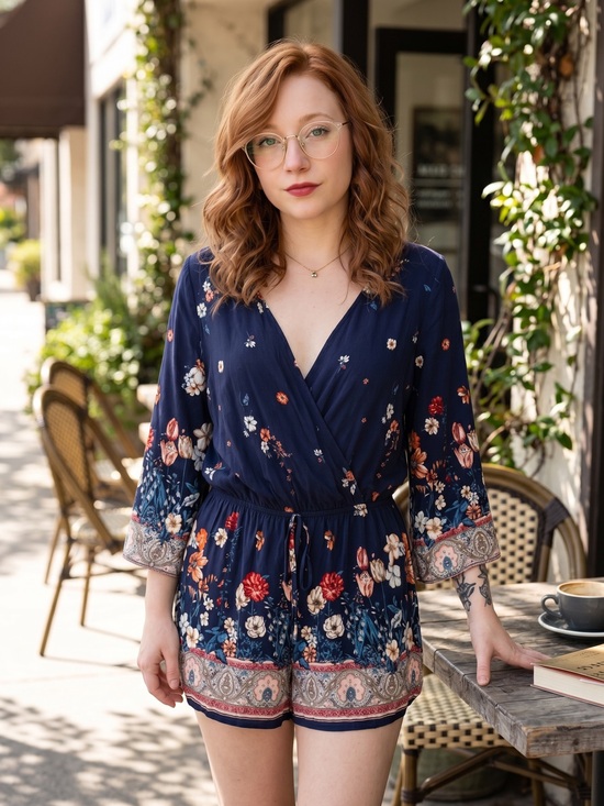 Kori Tops - ☀️ Kori America • Navy Floral Wrap Tunic Romper • Women’s Size Small